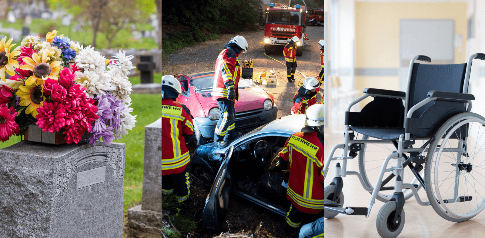Three Images: Graveyard, Road side accident with fire fighters and wheelchair